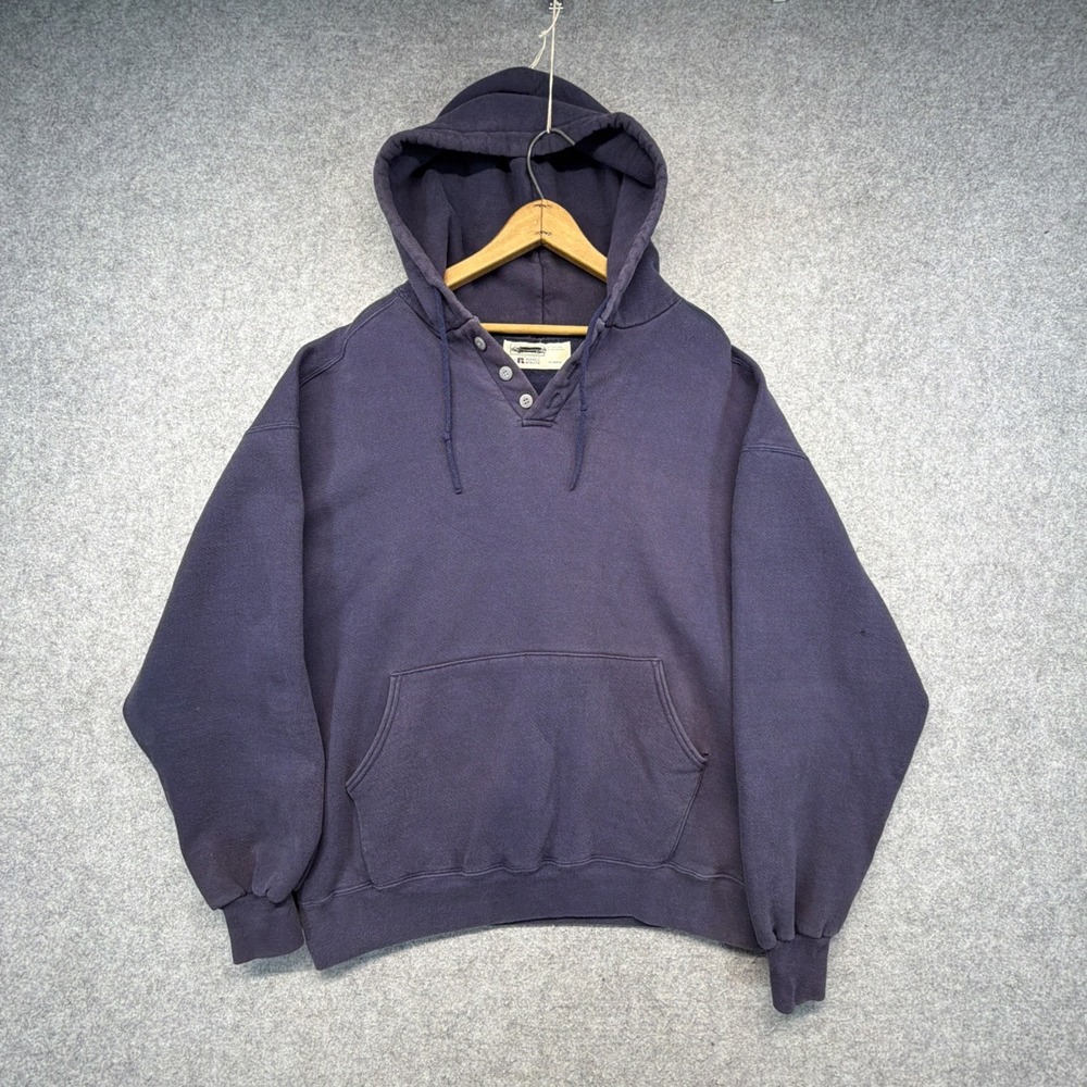 Vintage L.L.Bean Russell Athletic Navy Blue USA Made Henley Hoodie XL
